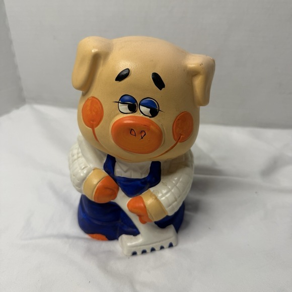 Enesco Other - Vintage 1980 Enesco Ceramic Piggy Bank - Pink Pig Blue Overalls - Hand Painted